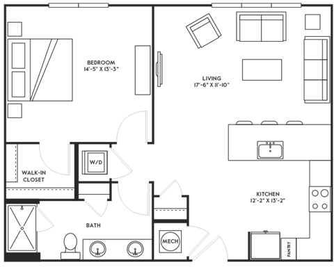 Floor plan for 1 bed, 1 bath, 874 sqft